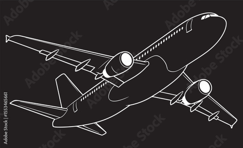  A simple, line art illustration of a commercial airplane in flight, angled upwards as if taking off or climbing
