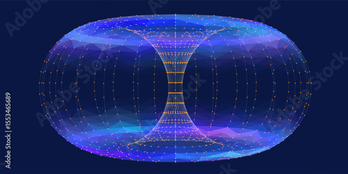 3D grid geometric color shape in blue cyberspace.  Digital concept scientific, technology and computing. Torus consisting of poligonales