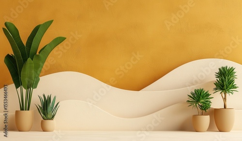 Elegant Indoor Plant Arrangement Against Warm Yellow Wall Background
