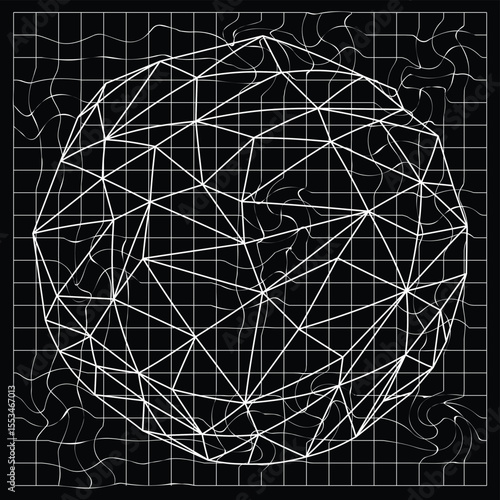 Abstract grid art with a central geometric sphere and surrounding distorted lines.