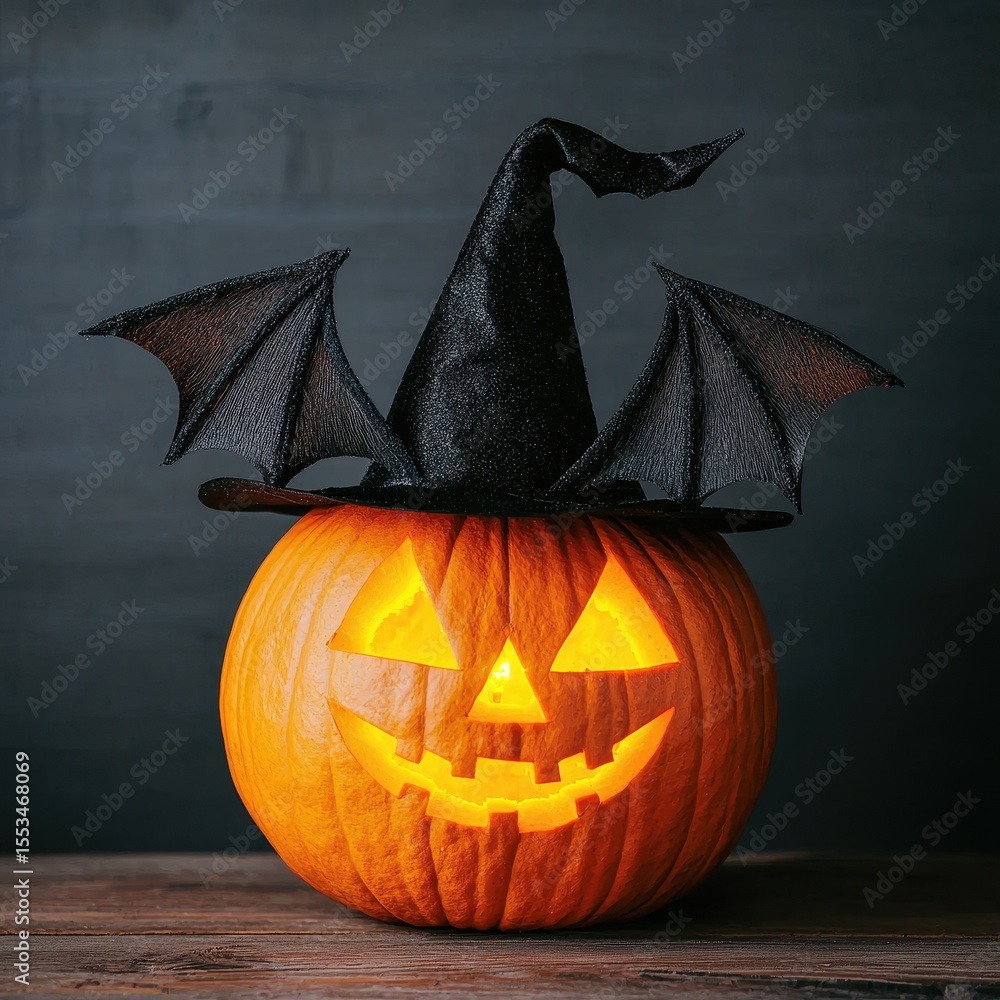 Naklejka premium Spooky Halloween Pumpkin with Witch Hat and Bat Wings Decoration