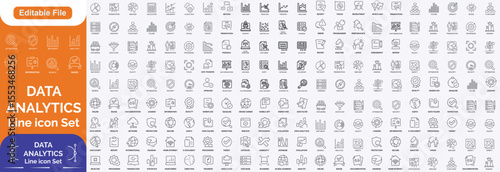 Data analytics icon set. Containing data analysis, data mining, global data, monitoring, data processing, big data, data visualisation and more. Outline vector icons collection. Line icon set