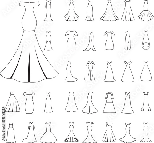 Wedding dress collection. Different styles and shapes of a bridal dress silhouette. A large set of various dresses. A vector cartoon illustration.