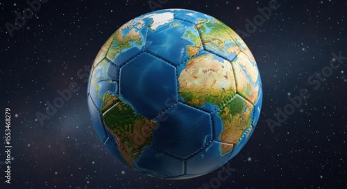 Fototapeta Naklejka Na Ścianę i Meble -  Planet Earth as a Soccer Ball Floating in Outer Space Against a Starry Background