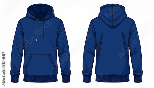 Blue Hoodie Mockup for Product Design - T-shirt Template for Logo Placement and Branding - Technical Outline for Hooded Vest for Apparel and Merchandise - Print File for Front and Back - Clothing