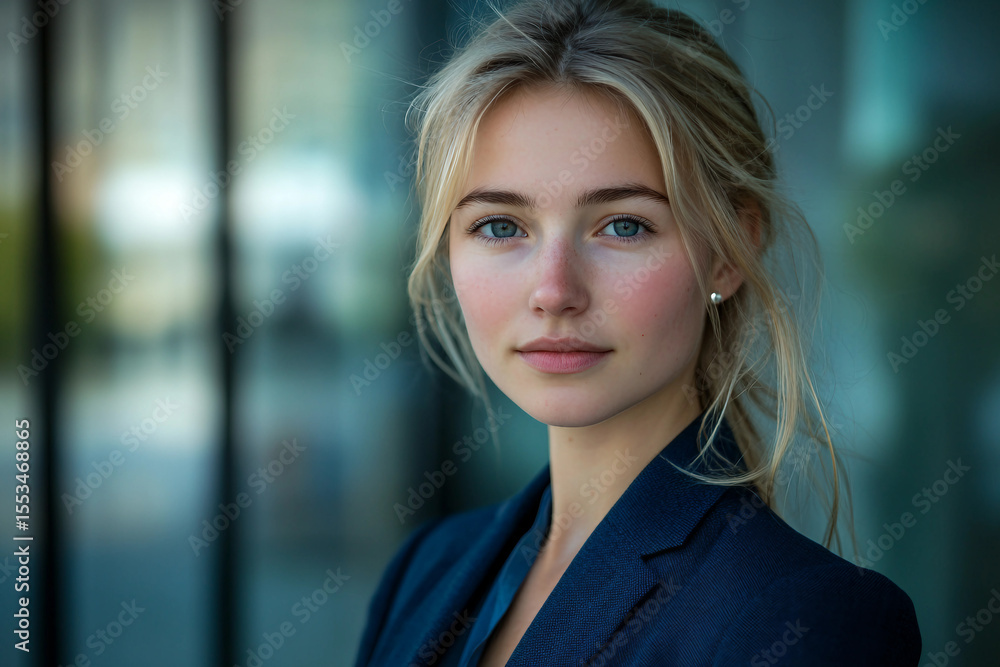 Generative AI portrait of a confident businesswoman in a white suit standing in a modern urban setting with glass buildings Generative AI portrait of a confident businesswoman in a white suit standing in a modern urban setting with glass buildings