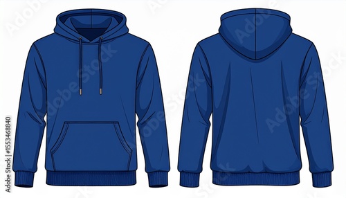 Blue Hoodie Mockup for Product Design - T-shirt Template for Logo Placement and Branding - Technical Outline for Hooded Vest for Apparel and Merchandise - Print File for Front and Back - Clothing