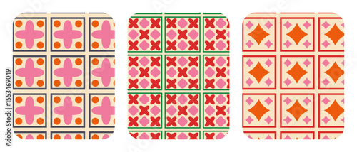 Colorful Geometric Tile Set- Retro Decorative Seamless Pattern Collection. Vector EPS