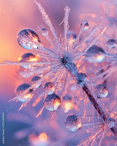 Spherical dew drops frozen on grass blade  closeup photo