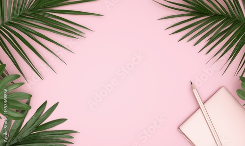 Tropical Greenery on Soft Pink Background with Notebook and Pencil