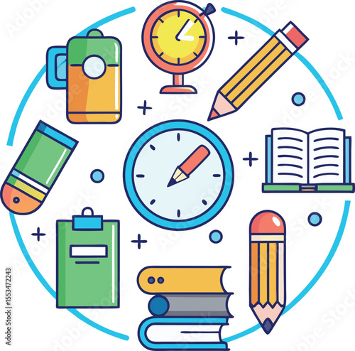 A vibrant flat design illustration showcasing essential school supplies arranged in a circular pattern around two clocks