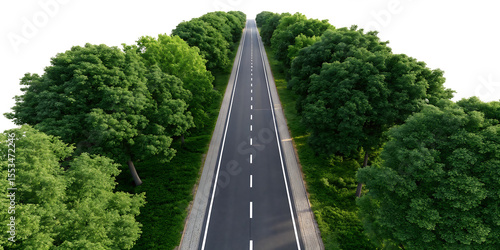 Top down aerial view of a straight two lane asphalt road lined with lush green trees and grass isolated on a transparent background