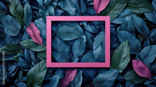 Vibrant Pink Frame Surrounded by Lush Green Tropical Leaves