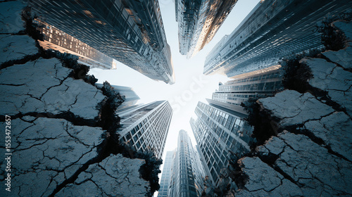 broken road with reflection of city, 
cracked foundation beneath corporate skyscrapers