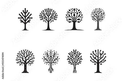 Futuristic Tech Tree Circuit Icons Digital Nature Logo Set