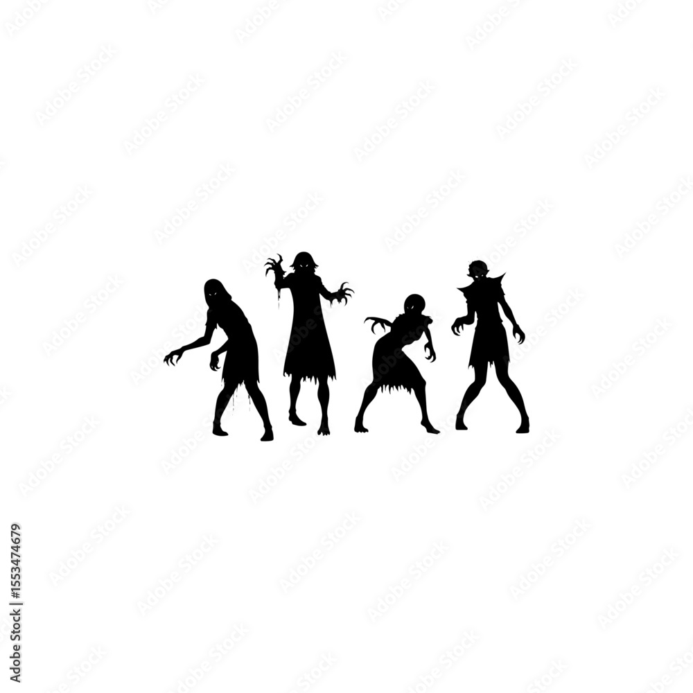 Obraz premium Silhouettes Attacking zombies in torn old clothes go towards the viewer. Isolated on a white background. 