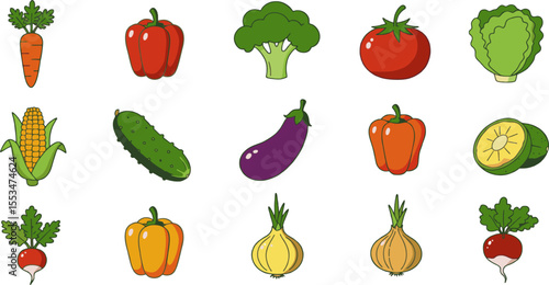 Colorful Cartoon Vegetable Icon Set – Hand-Drawn Flat Style