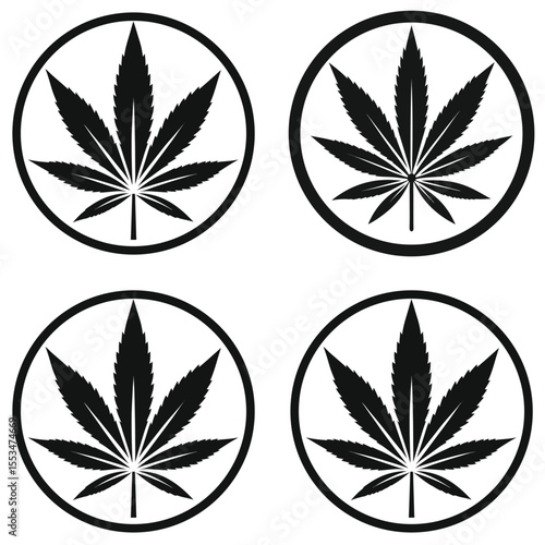 Four black and white cannabis leaf icons in circular frames