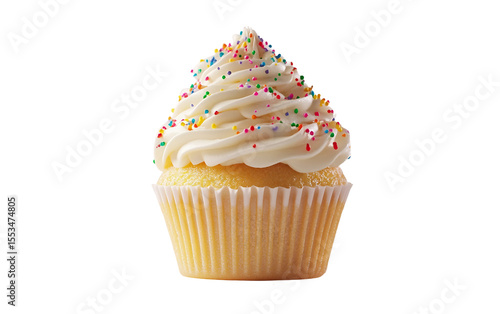 Classic vanilla cupcake topped with a smooth swirl of creamy frosting creating a soft sweet treat perfect for celebrations and everyday indulgence isolated on transparent background PNG