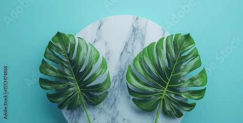Tropical Green Leaves on Marble Surface Against Turquoise Background