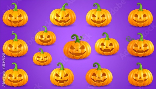 halloween pumpkin 3D vector icon set, on a purple background