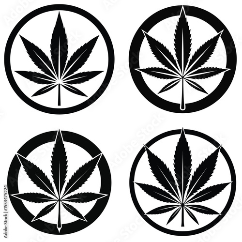 Four black and white stylized cannabis leaf logos in circles