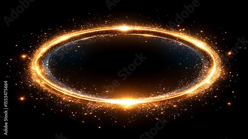 Abstract Glowing Golden Oval Frame with Sparkles on Black Background.