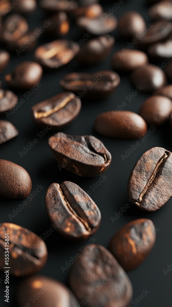 Fototapeta premium Coffee beans closeup on black background detailed rendering