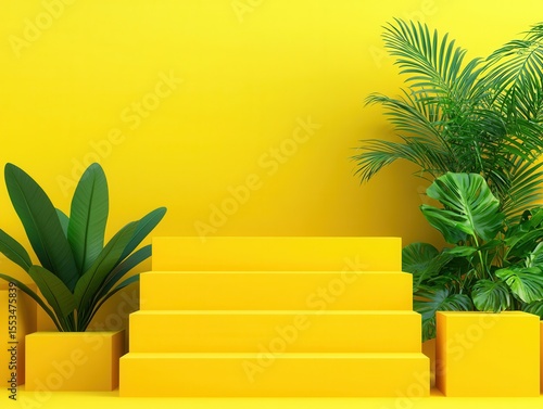 Bright Yellow Stairs with Green Plants Background for Modern Design