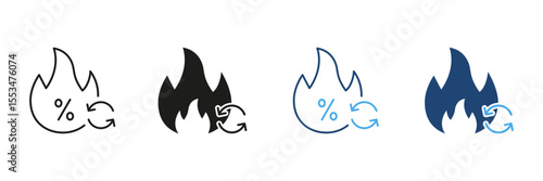 Caloric Burn Line and Silhouette Icon. Metabolism Concept with Flame and Circular Arrow Outline and Glyph Symbol. Editable Stroke. Isolated Vector Illustration