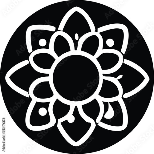 A striking black and white circular graphic featuring a stylized floral or mandala design with intricate petal like shapes and a central dot