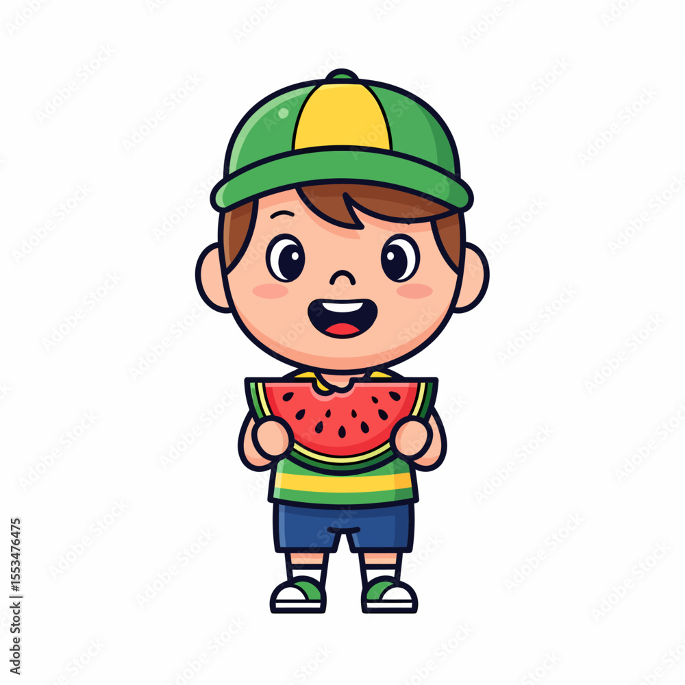 Cartoon child enjoys a juicy watermelon slice on a bright sunny summer day Cartoon child enjoys a juicy watermelon slice on a bright sunny summer day