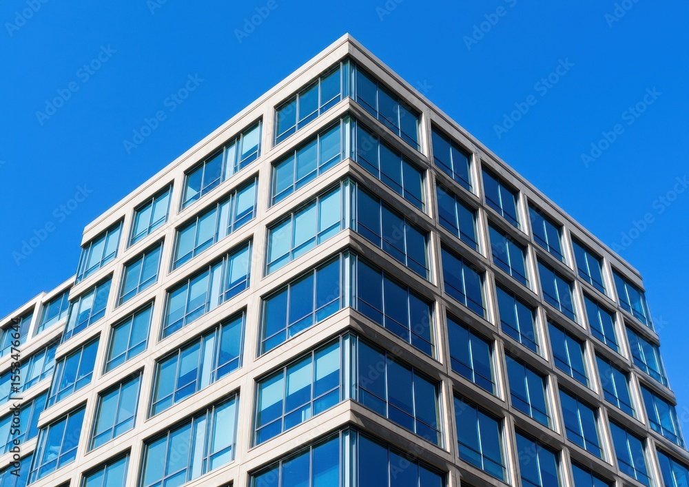 Modern Office Building with Glass Facade Against Blue Sky Modern Office Building with Glass Facade Against Blue Sky