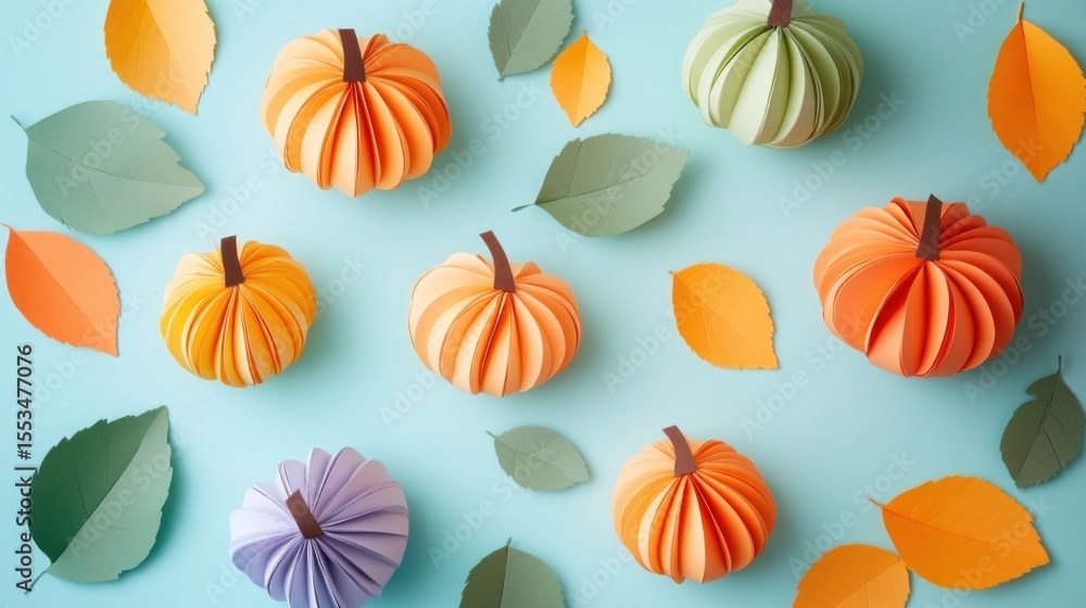 Fototapeta premium Colorful paper pumpkins and leaves