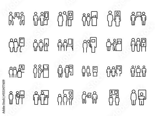 Vector Silhouette Icons of People Using ATM Machines and Self-Service Kiosks in Various Banking and Transaction Scenarios on White Background