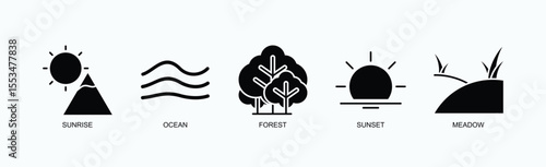 Nature Rhythms Icon Set Isolated Vector With Icon Of Sunrise, Ocean, Forest, Sunset, Meadow In Glyph Style
