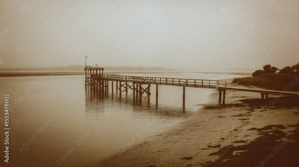 Fototapeta premium old worn vintage sepia toned polaroid photo of beach shore harbor