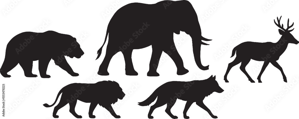 Fototapeta premium A diverse set of black vector animal silhouettes, including wild mammals like elephants, lions, wolves, and domestic animals like horses and pigs, isolated on white