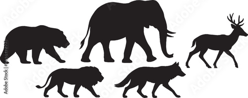 A diverse set of black vector animal silhouettes, including wild mammals like elephants, lions, wolves, and domestic animals like horses and pigs, isolated on white