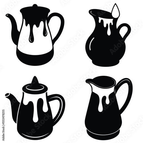 Stylized black and white silhouettes of teapots and pitchers with dripping liquid