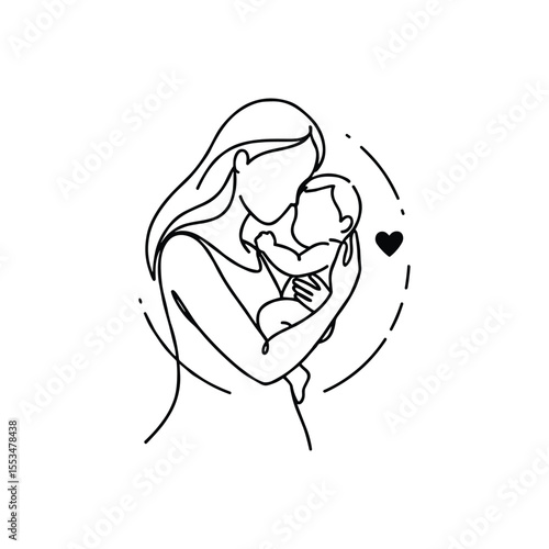 Mother and baby line art. Mom hugs child. Motherhood and newborn concept. Happy mother line vector illustration. Parent loving kid, happy mother day design for card