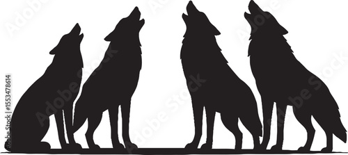 Black and white vector silhouette illustrations of a wild wolf, domestic dog, and other isolated canine animal predators