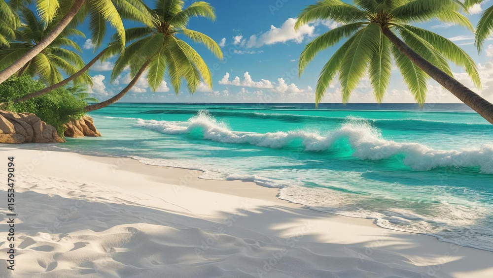 Fototapeta premium Tropical island paradise: swaying palm trees on a sandy beach
