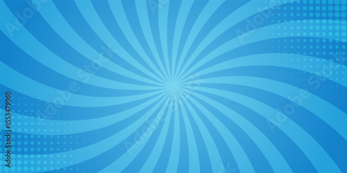 Simple Gradient Groovy Rays Of Comic Style Blue Swirl Sunburst Effect In Blank Horizontal Plain Background