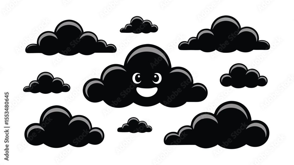 Cartoon Black Clouds with Highlights on a White Background, Featuring One Smiling Character Cloud Cartoon Black Clouds with Highlights on a White Background, Featuring One Smiling Character Cloud