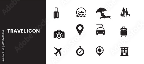 Travel Icon Set | Vector Silhouette Pack of Transportation, Landmarks, Luggage, Maps & Tourism Essentials for Vacation, Trip & Holiday Design.