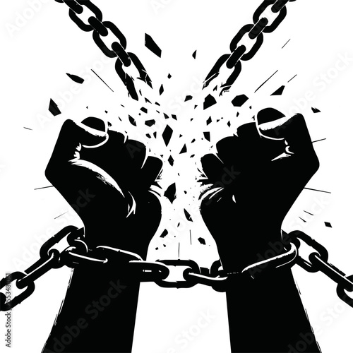 Human rights day. International peace. Silhouette of hand is breaking chain. Concept of freedom from oppression, slavery, equality. Cartoon flat style design on white background. Vector illustration.