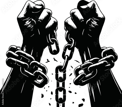 Human rights day. International peace. Silhouette of hand is breaking chain. Concept of freedom from oppression, slavery, equality. Cartoon flat style design on white background. Vector illustration.