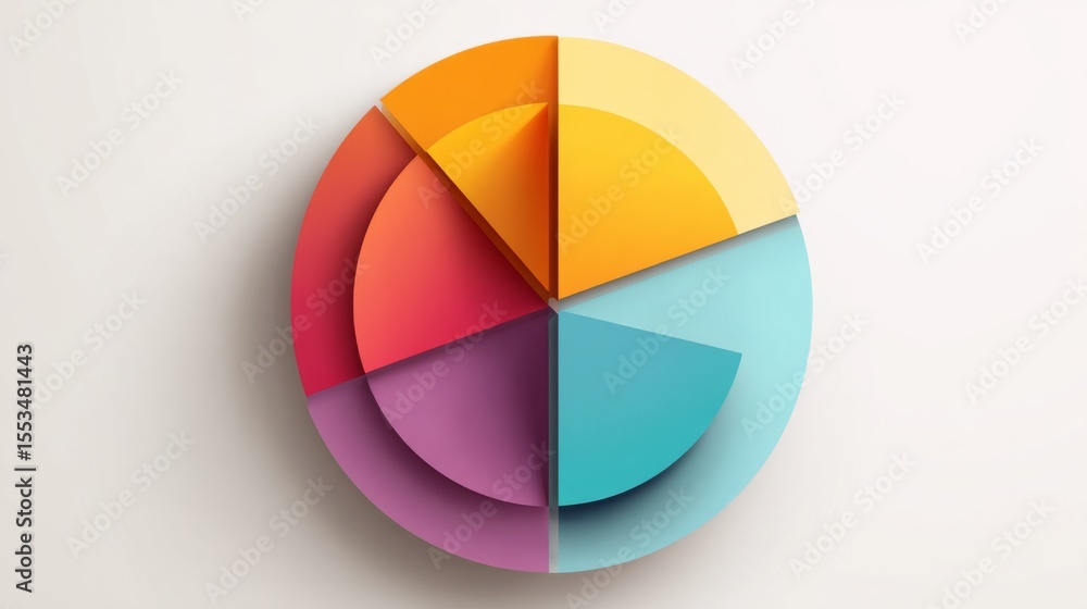 Colorful pie chart on a plain white background, segmented in bold colors with a shadow effect for a clean and visually appealing presentation Colorful pie chart on a plain white background, segmented in bold colors with a shadow effect for a clean and visually appealing presentation