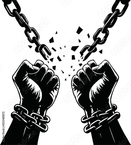 Human rights day. International peace. Silhouette of hand is breaking chain. Concept of freedom from oppression, slavery, equality. Cartoon flat style design on white background. Vector illustration.
